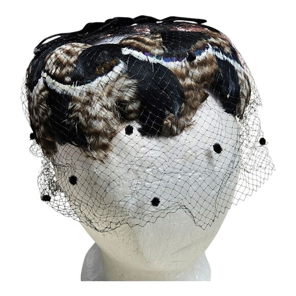 Vintage 50's Feather Trimmed Black Pillbox Hat With Polka Dot Veil Whimsigoth - Picture 1 of 10